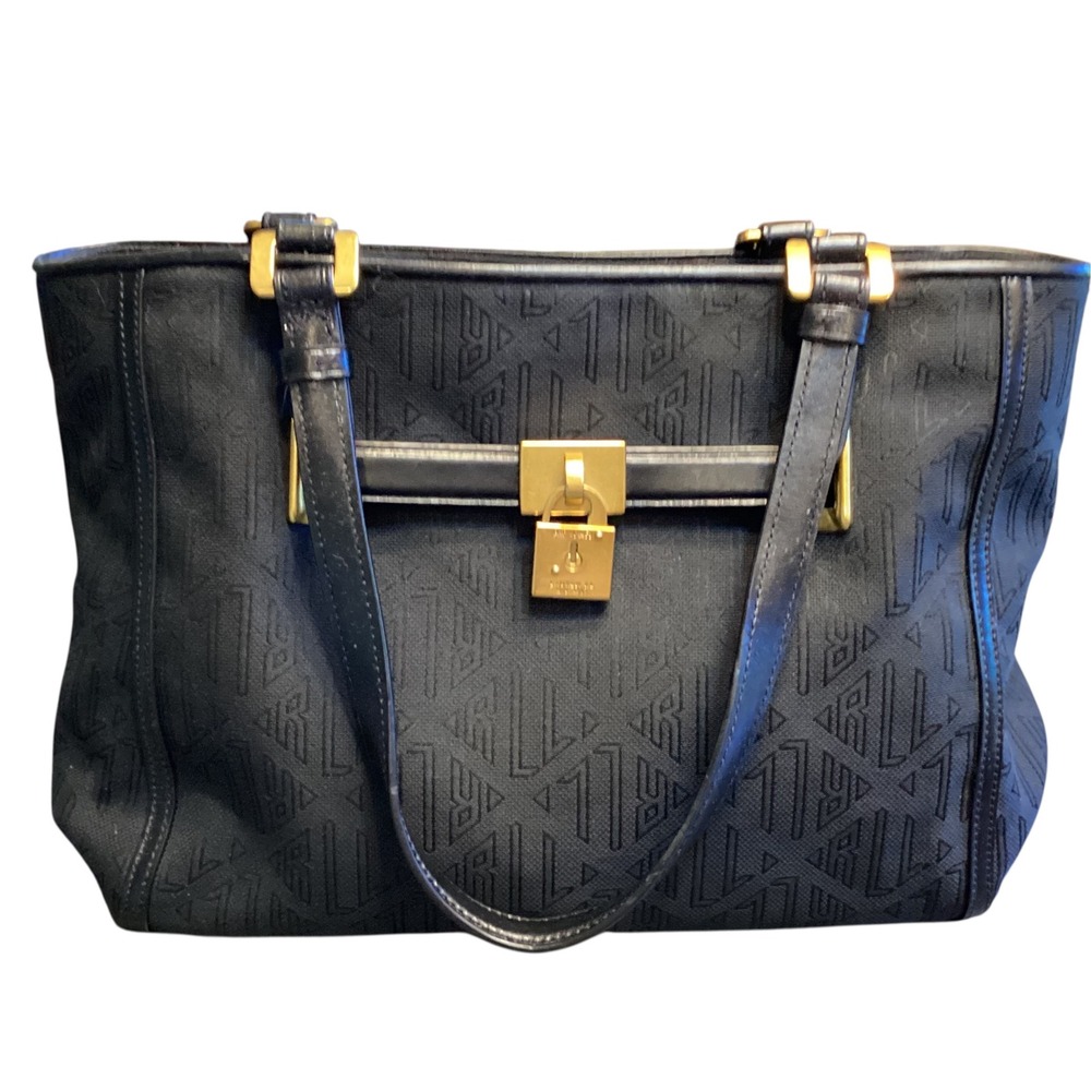 Lauren Ralph Lauren Black Monogram Tote Bag Gold Padlock Vintage Preppy Y2K EUC
